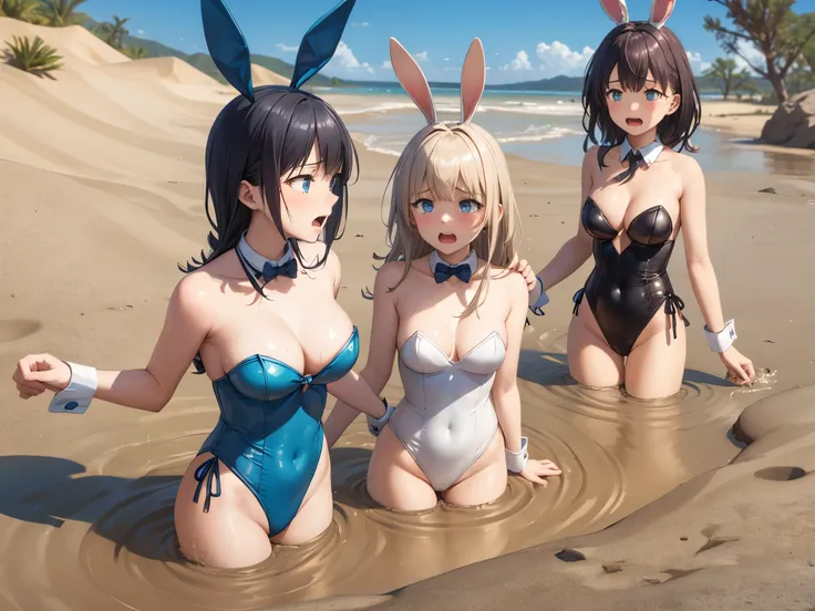 masterpiece, great quality, ultra detail, illustration, game cg, (5girls), (multiple girls), FGOErice, klaudia valentz, aichan, collarbone, cleavage, (upset), bunnygirl, bunny ears, detached collar, wrist cuffs, strapless leotard, desert, ((quicksand)), sc...