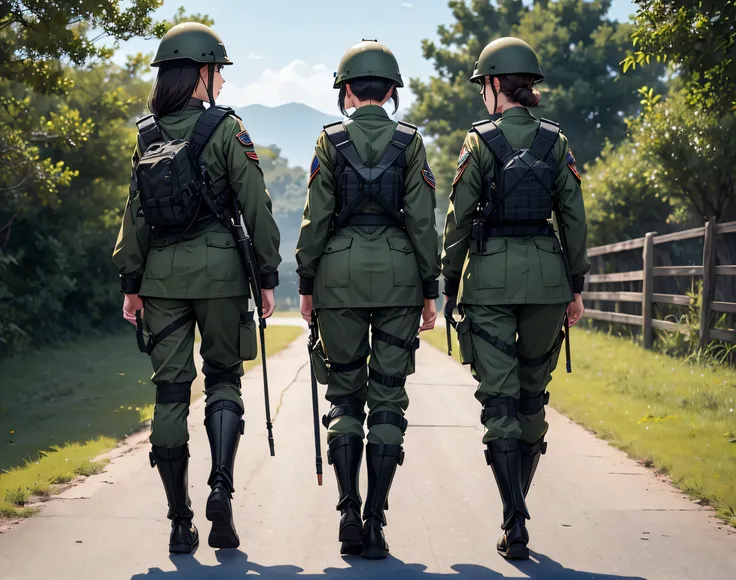 View from behind，Three female soldiers walking side by side、The same posture、All back、Only the part above the calf is shown、Wearing dark green M-51 military uniform、Put on a helmet、Individual equipment set、Write details、masterpiece、best quality、Highly deta...