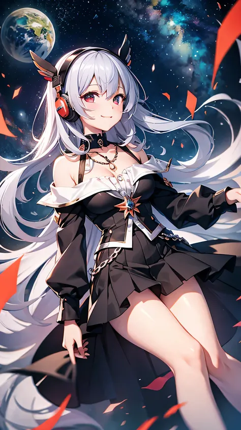 Highest quality、Highest quality、Masterpiece、girl((20-year-old、as soon as、Highest Bust、Medium Bust、Wide open chest、Red glowing eyes、Silver Hair、Red Mesh、Disheveled Hair、Loincloth、thin、The best valley、Open chest、hair ornaments、Full body view、Black Universe S...