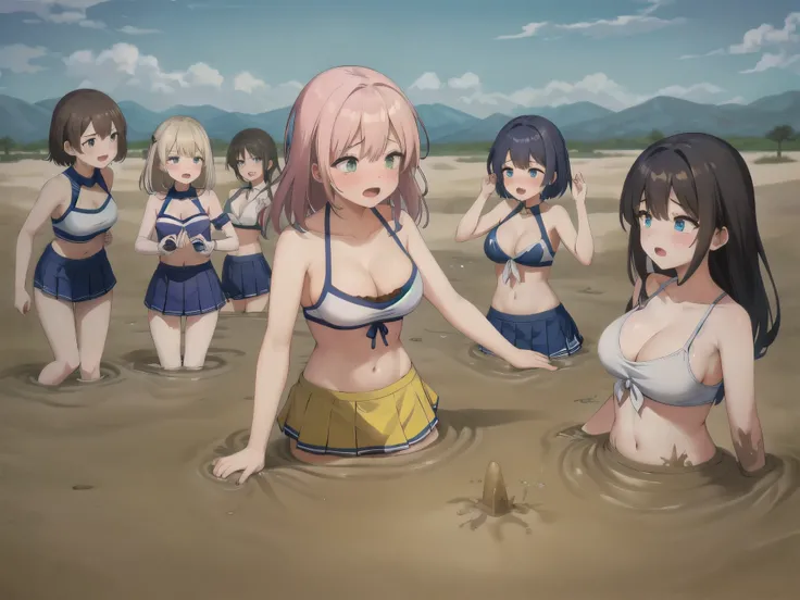 best quality, female, multiple girls, group tied up, group submerged, front view, muddy,  cheerleaders, cleavage, large breasts, wasteland, desert, best quality, sinking, quicksand, 6girls, crowded, close up, sand, slender, 6 girls, tears, blush, drowning,...