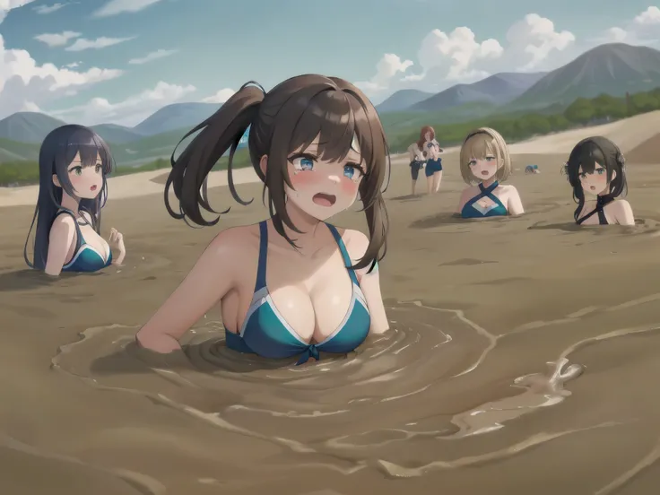 best quality, female, multiple girls, group tied up, group submerged, front view, muddy,  cheerleaders, cleavage, large breasts, wasteland, desert, best quality, sinking, quicksand, 6girls, crowded, close up, sand, slender, 6 girls, tears, blush, drowning,...