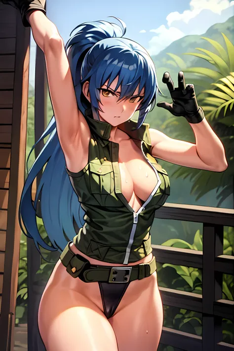 masterpiece, best quality, anime 1990s (style, leona heidern, sexy, naked, thong ,open vest., jungle, tactical, pony tail, serious, cammo, army, soldier, blue hair, warfare, war, wet, gloves, sexy pose, jungle girl, perfect hands, five fingers, long hair, ...