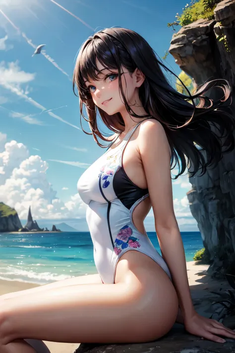 very cute and beautiful girl,(highly detailed beautiful face and eyes),(one-piece floral print white swimsuit),
sitting,beautiful legs,beach,distant rugged cliffs,(smile),looking at viewer,black hair,
(best quality,masterpiece),absurdres,highres,ultra-deta...