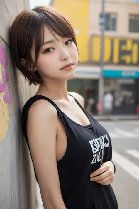 masterpiece, highest quality, Very detailed, 8k, Realistic, One Girl, alone, Tomboy, Very detailed face, (head shot:1.5), Upper Body, Standing in front of a wall covered in hip hop graffiti, Light brown pixie cut hair, She is wearing a tight, short, thin b...