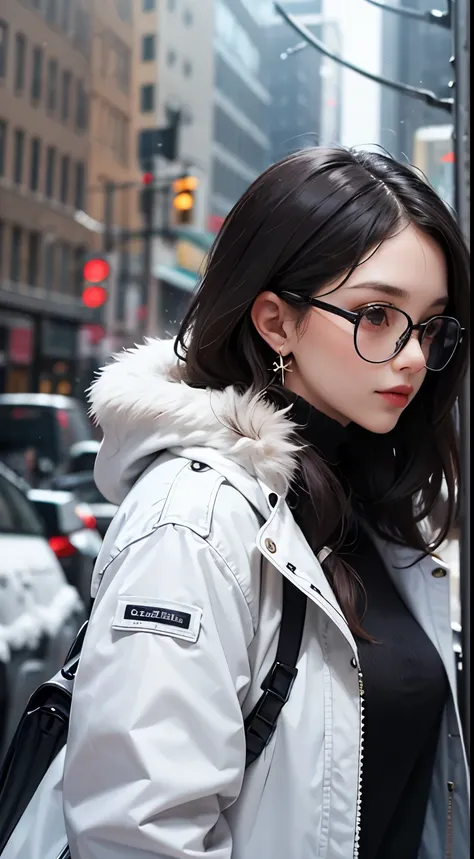 same,, One girl, animal, animal on shoulder, bird, Black-rimmed glasses, Iris, Black Hair, blue null, Cityscape, clear null, coat, Day, Earrings, Wear glasses, Glasses removed, fur coat, Jacket, jewelry, Long Hair, Look to the side, Outdoor, Power lines, h...