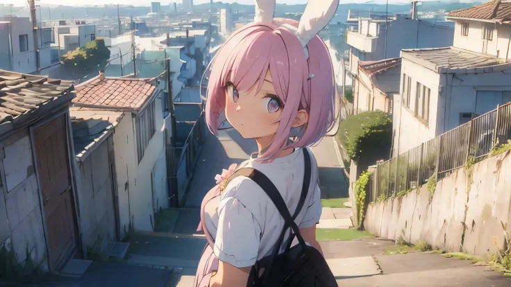 Hill with a view of the city,highest quality, pretty girl, pastel colour, Fluffy bunny ears, Pink short bob,