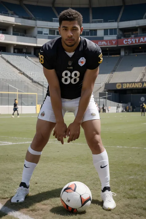 mirando a un costado con camiseta de futbol americano de Steelers numero 88 sentada y con las piernas cruzadas con jean y zapatillas deportivas amarilas en un estadio de futbol