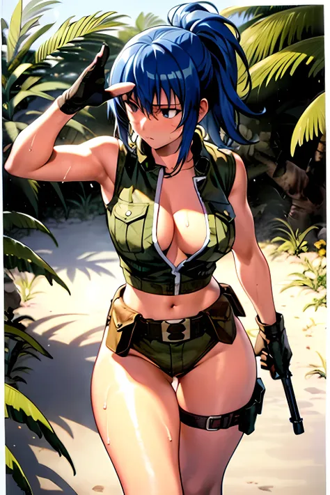 masterpiece, best quality, anime 1990s (style, leona heidern, sexy, naked, thong ,open vest., jungle, tactical, pony tail, serious, cammo, army, soldier, blue hair, warfare, war, wet, gloves, sexy pose, jungle girl, perfect hands, five fingers, long hair, ...