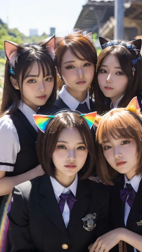 Masterpiece, 4k, Bokeh, beautiful face, Harem, (multiple girls:1.4), (Group Photo:1.5), (Cat ears:1.3), (bob hair:1.3), looking at the viewer, (rainbow、Slope、uniform:1.4), closeup