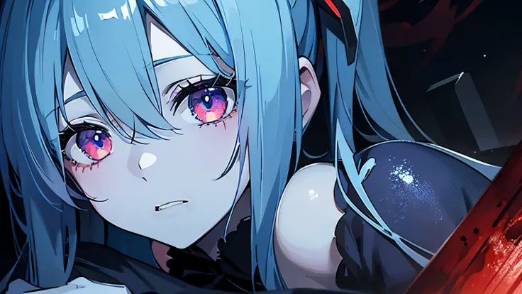 Blue Face、arm hug、Embrace yourself、Bloodしぶき、Blue Face、Blue Skin、Hatsune Miku、zombie、Red eyes、Blue Face、Blue Skin、Bloodを流した、Gray Hair，sad，（Blue place：1.1），blue eyes、Hatsune Miku、ruins、cadaver, an  ominous, woman, thin, pale, Looking into the camera, Ultra-r...