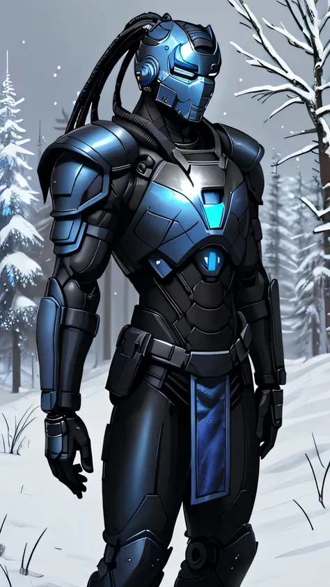 sub-zero from mortal kombat, zxcrx, cyborg ninja, sleek (blue and black armor:1.5), various robotic components, his face is cove...