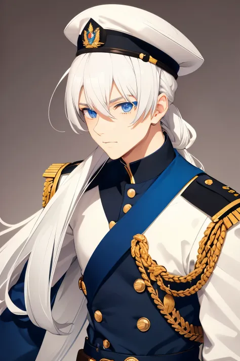 boys, white hair, long hair, ponytail hair, blue eyes, shoulder mark, military uniform, upperbody, military hat