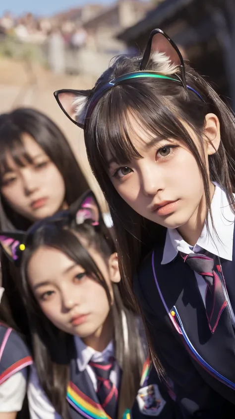 Masterpiece, 4k, Bokeh, beautiful face, Harem, (multiple girls:1.4), (Group Photo:1.5), (Cat ears:1.3), (bob hair:1.3), looking at the viewer, (rainbow:1.3), (Slope:1.8),(school uniform:1.4), closeup