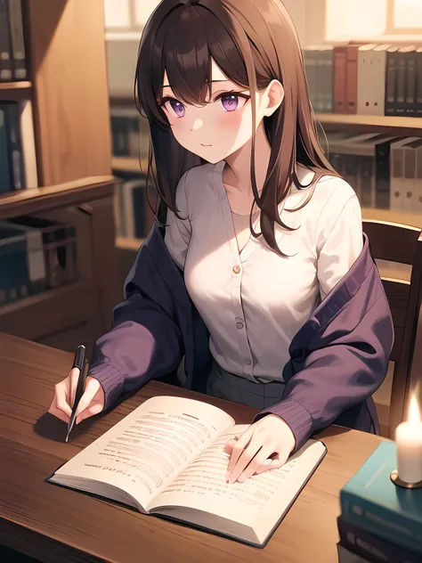 asterisk, surreal, 4k, a girl, shoulder-length brown hair, purple eyes, cardigan with shirt and long skirt, night, candles on table, girl doing homework, books on table, sitting in chair holding a pen and concentrating on writing a book,