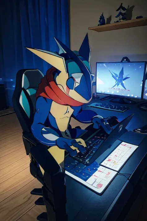 best quality, masterpiece, greninja playing on a gaming laptop