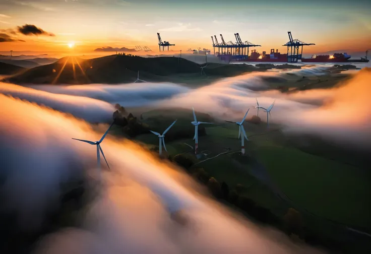 Art Photography,Large spiral gantry crane on the sea,Neatly arranged,In a sci-fi shipping port, Sea,Container ship只,Container ship只,container,container,Sea,Sea,The port town,Holographic projection,Connected in an ethereal,Container ship, In a sci-fi shippi...