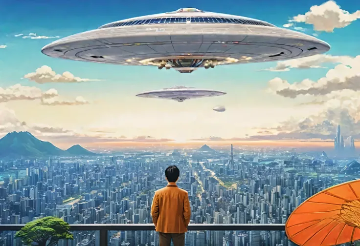 Art Photography,A man stands in front of a spaceship flying over a city, komatsuzaki Retro Futurism, Japanese Science Fiction Book Art, Alien paradise, Afrofuturistic anime, Retro Futurism, Retro Futurism, Sci-fi Utopia, Depicted as a science fiction scene...