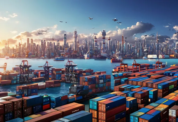 a surreal photography of a large and busy container terminal, a sci-fi shipping port with many containers, highly detailed digital art, CG art, ultra-detailed 3D painting, 8k, photorealistic, cinematic lighting, dramatic composition, striking colors, futur...