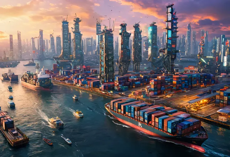 Surrealism摄影,海岸上container port,container port,container port,containervessel,containervessel,container,container,Futuristic,Science Fiction,Virtualization,Number city,Cyberpunk,Future Port,Future Port,river,vessel,Technology,3D digital city ultra-high satu...