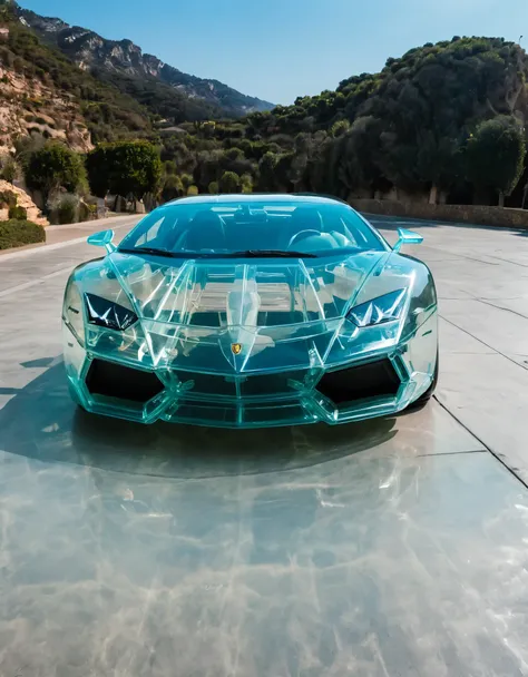 image of a fully transparent translucent lamborghini, you can see the engine through her transparent skin