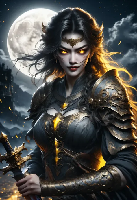 a woman with glowing yellow eyes, sharp teeth, holding a sword, moonlit night, spot color, highly detailed, photorealistic, 8k, ...