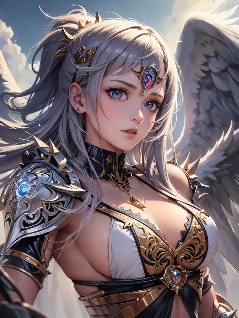 ((highest quality)),(Ultra-high resolution),(Very detailed),(Detailed Description),((The best CG)),(A masterpiece),Ultra-detailed art,Amazing drawing art,(Art with precise detail:1.5), (Warrior Woman Angel:1.5),Beautiful and well-proportioned face:1.3),(Sp...