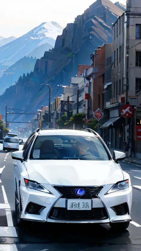 Lexus is250, white car, black car top, plate number WWE126, vehicle focus, no humans, ground vehicle, low vehicle, motor vehicle, urban city, street, mountain in background, cruising on street