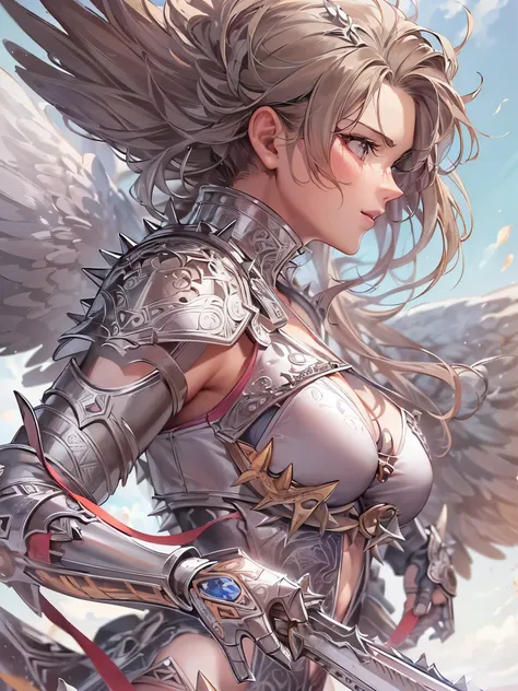 ((highest quality)),(Ultra-high resolution),(Very detailed),(Detailed Description),((The best CG)),(A masterpiece),Ultra-detailed art,Amazing drawing art,(Art with precise detail:1.5), (Warrior Woman Angel:1.5),Beautiful and well-proportioned face:1.3),(Sp...