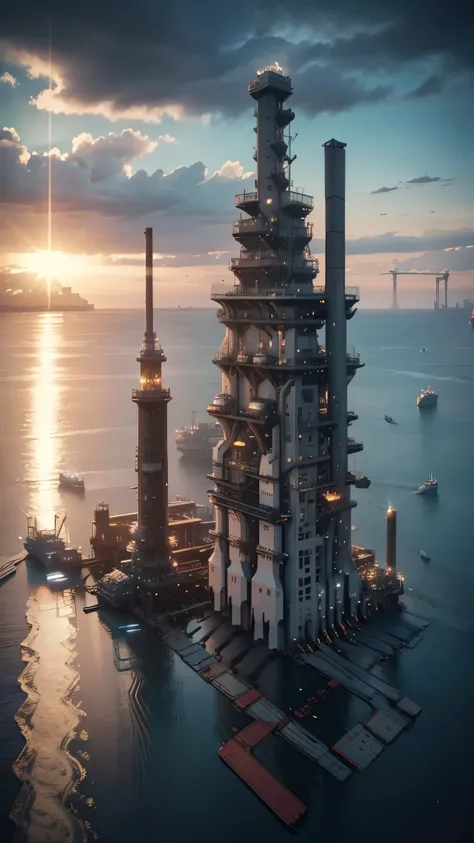 The view from the helicopter,(((The offshore plant floats on the ocean.:1.5))),(Beautiful ocean drawing),(Gentle sunset),(Night view),(Aerial photos),(((masterpiece:1.5),(highest quality:1.5),(Very detailed:1.5),(High resolution:1.5),(Realistic:1.5),(RAW P...