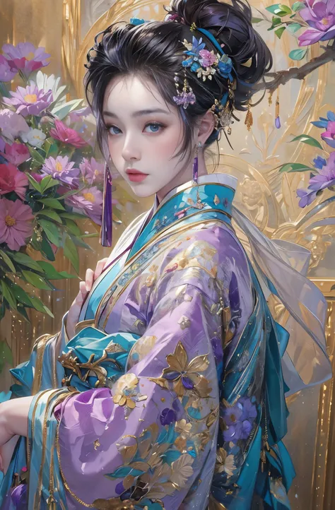 Purple tones, Beautiful Courtesan Painting, Beautiful dark-haired woman, Beautiful and stylish kimono, Oiran, Highest ranking woman, Hundreds of flowers in full bloom, Glamorous and luxurious, , Chen Yifei, Beautiful Courtesan Painting, A profusion of flow...