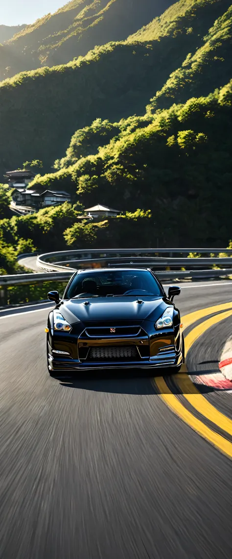 A black 2000 Nissan Skyline GT-R、A glimpse of the car cruising along the roads in the sunlight.、Picturesque mountain々Against the backdrop of、Photorealistic and hyper-realistic、And it's an absolutely stunning depiction.。This high-definition masterpiece ...