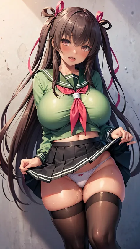 highest quality,masterpiece,8k,1girl,((big breasts:1.3)),((orgasm,blush:1.1)), sweat,mini skirt,lift skirt,upskirt,white panties,Mizuki Yukikaze,hair ribbon, green shirt, serafuku, white neckerchief, long sleeves, pleated skirt, black skirt, black thighhig...