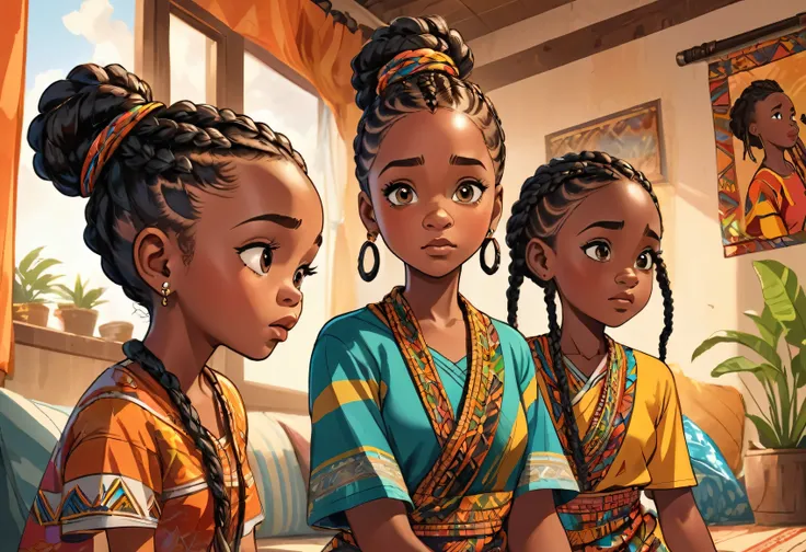 3 kids, (Two girls), (one boy), (african braid hairstyles,) (wearing clothes with African motifs) worried look, one of the kids pointing at something, looking at the same direction, (masterpiece best quality:1.2) delicate illustration ultra-detailed, (dis...