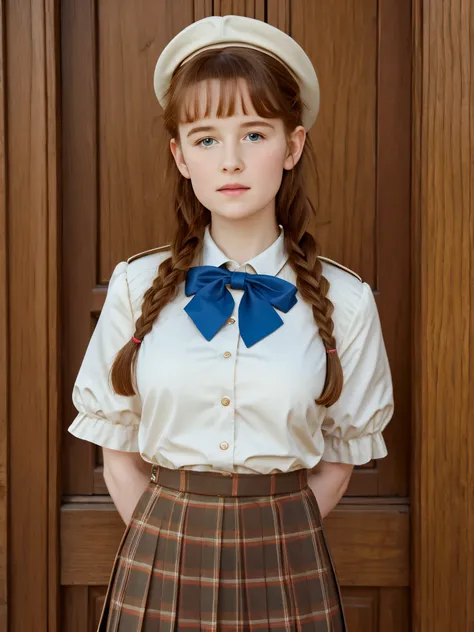 (best quality,4k,8k,highres,masterpiece:1.2),ultra-detailed,(realistic,photorealistic,photo-realistic:1.37), ((deutschland, mittelalter, nebliger bergwald, a young school girl, she wears uniform, skirt, solo, shy)), ((very large bust size for her young age...