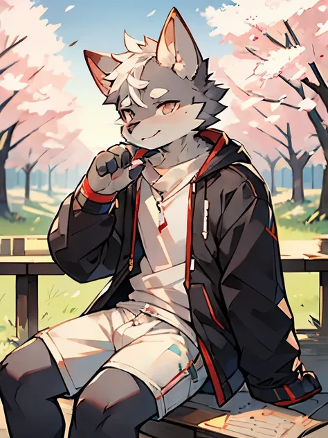 Exquisite lines，best quality。male，Gray Dog Orc，whiteshortcoat，White shorts，Brown pupils，Background sunset city，Side night，sit on the sakura tree branches