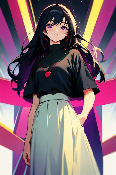 (masterpiece), ((sfw)), best quality, expressive eyes, perfect face, , (1girl,, young adult, beautiful,), solo, black long hair, purple eyes BREAK (fair skin,), cowboy shot, smile, oversized t-shirt BREAK, long skirt BREAK, standing BREAK, soft smile, :), ...