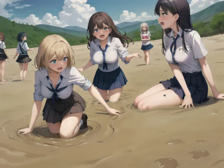 best quality, female, multiple girls, group tied up, group submerged, front view, muddy,  large breasts, wasteland, desert, best quality, sinking, quicksand, 6girls, crowded, close up, sand, slender, 6 girls, tears, blush, drowning, waist deep, 6 girls in ...