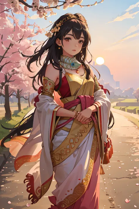 Indian countryside sunset, Traditional young girl, Authentic attire, Dusty road, Rosy hues, Setting sun, Walking, Sky, Soft pinks, Cherry blossoms, Gentle breeze, Drifting, Solitary butterfly, Fluttering, Serenity, Beauty, Wide view, Foreground, Background...