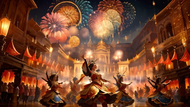 A group of people dancing around the stage，(An exquisite stage) ，(masterpiece) ，(best quality) ，High Detail，Ultra Detail，People celebrate the grand festival in ancient costumes，fireworks，Feeling，