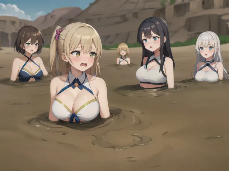 best quality, female, multiple girls, group tied up, group submerged, front view, muddy,  cheerleaders, cleavage, large breasts, wasteland, desert, best quality, sinking, quicksand, 6girls, crowded, close up, sand, slender, 6 girls, tears, blush, drowning,...