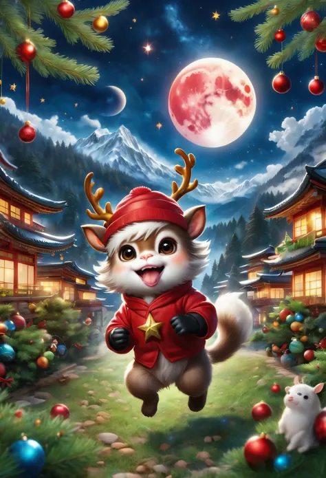 bunny, christmas, christmas ornaments, christmas tree, city, cloud, crescent moon, earth (planet), food, full moon, grass, hat, horns, leaf, mochi, monkey, moon, mountain, night, night sky, open mouth, outdoors, pine tree, planet, red gloves, red moon, rei...