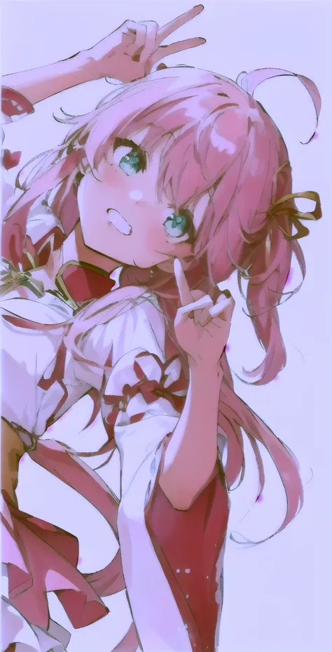 Close-up of a person with pink hair and a white shirt, With index finger, Cute girl anime visuals, Light novel cover, madoka kaname, Detailed Key Anime Art, Official artwork, Beautiful and detailed anime art, Detailed Anime Character Art, wataru kajika, Lu...