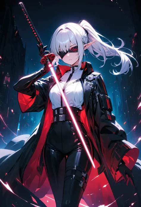 4k, masterpiece, solo, HD, Girl, anime girl, standing, Sith, Star wars, Lightsaber, Red Lightsaber, White hair, Half tied ponytail, Female sith, dark side, White shirt, black leather coat, gloves, black leather pants, pantyhose, knee highleather boots, Bli...