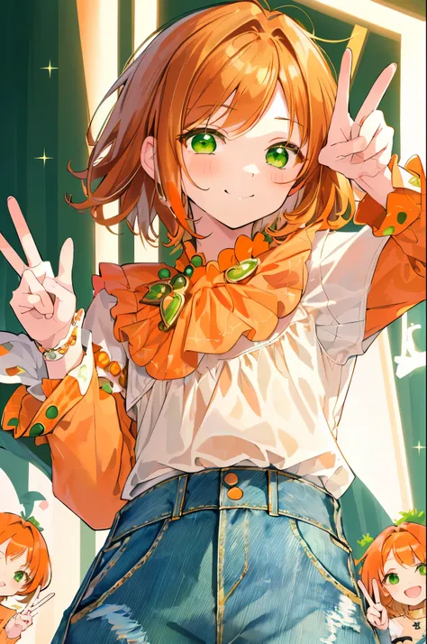 masterpiece、highest quality、Super detailed、Very delicate、solo、One boy、1 male、(Orange brown hair:1.25),(Fluffy hair:1.2),(short hair:1.2),(Center parted bangs),,(Green Eyes:1.4),(blush)、smile,(peace sign:1.45),(Long sleeve blouse:1.25),(denim:1.35),