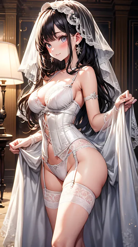 (Best quality, 8k, 32k, Masterpiece, UHD,:1.2),RAW, 1girl,ultra cute , natural lighting,transparent shining eyes, 20yo, medium breast ,fair complexion, flushed face, Bridal Lingerie, This costume combines the elegance of a bridal gown with the allure of li...