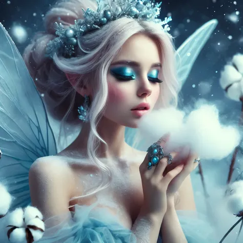 fairy princess, snow, ice, icy breath, mist breath, cotton, ice blue, rings, skin, fantasy art style, 8k resolution