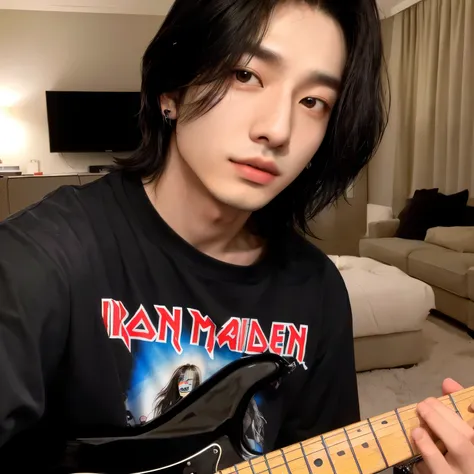 arafed man with a guitar in a living room with a couch, cai xukun, portrait of jossi of blackpink, taejune kim, wan adorable korean face, he is wearing a black t-shirt, korean artist, portrait of kpop idol, hyung tae, he is a rockstar, halfbody headshot, j...