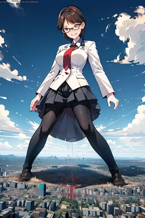 giantess art, highly detailed giantess shots, giantess, Two legs, Five fingers, short hair, A gigantic high school girl who is taller than a skyscraper, Wearing rimless glasses, smile, Big Breasts, Navy blazer, Red tie, mini skirt, Black Pantyhose, black p...