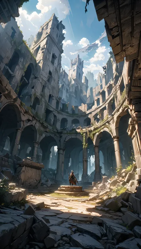  anime aestetics, wyvern lies on the platform, sleeping, spiky and scaly skin, white skin, wide body, huge wings, encient ruins, white stone, broken walls, dark souls 3, bright day, calm atmosphere, intimidating, a little clouds, beautiful ruins, perfect a...