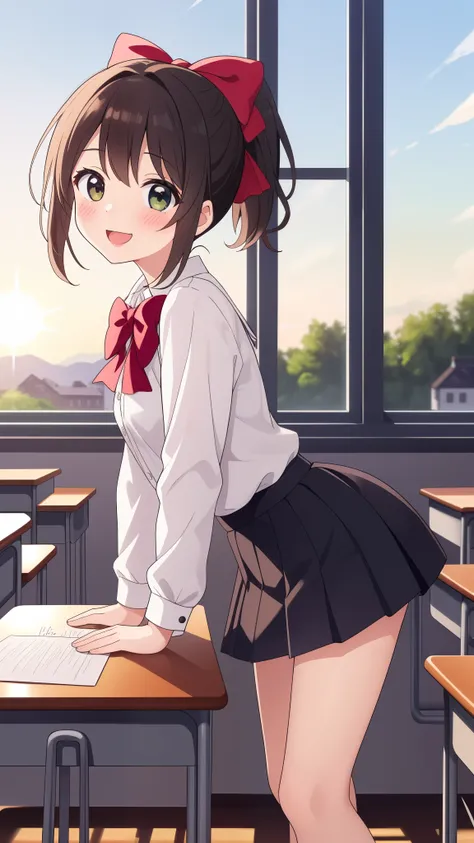 ultra-detailed,masterpiece,best quality,jcf, 1girl,,black ponytail,large bow,blush,leaning forward,classroom,blackboard,desk,win...